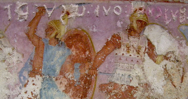 Этрусские воины на изображении в саркофаге в Тарквиниях